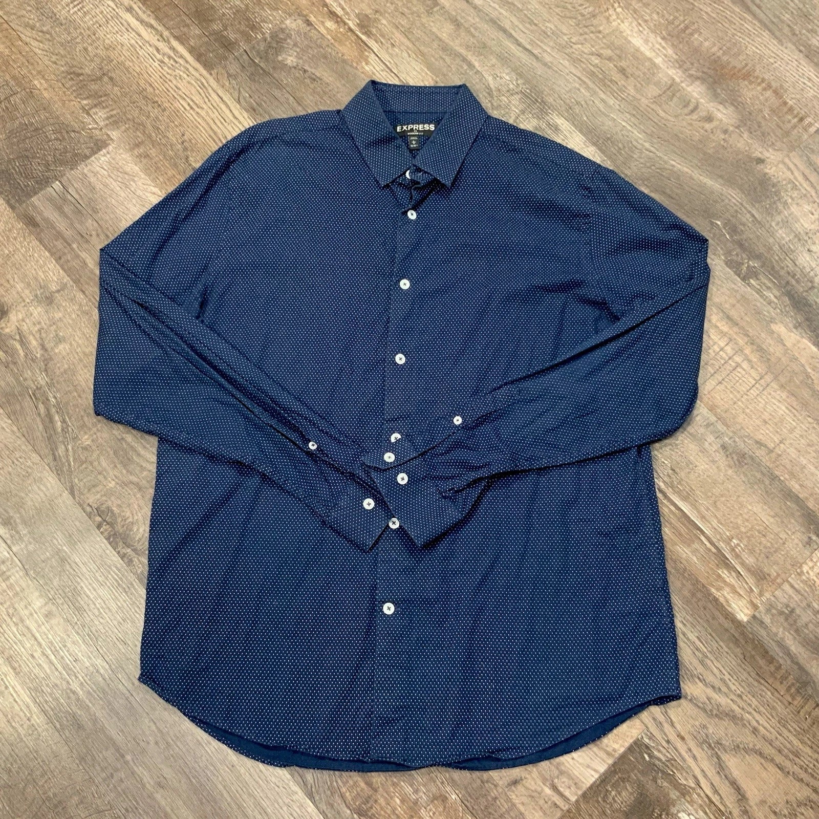 Express Button Down Navy Blue White Speckled Modern Fit Men's L Long Sleeve Unisex T-shirt, Sweatshirt, Hoodie, Long Sleeve Tee - T-Shirt, Sweatshirt, Hoodie