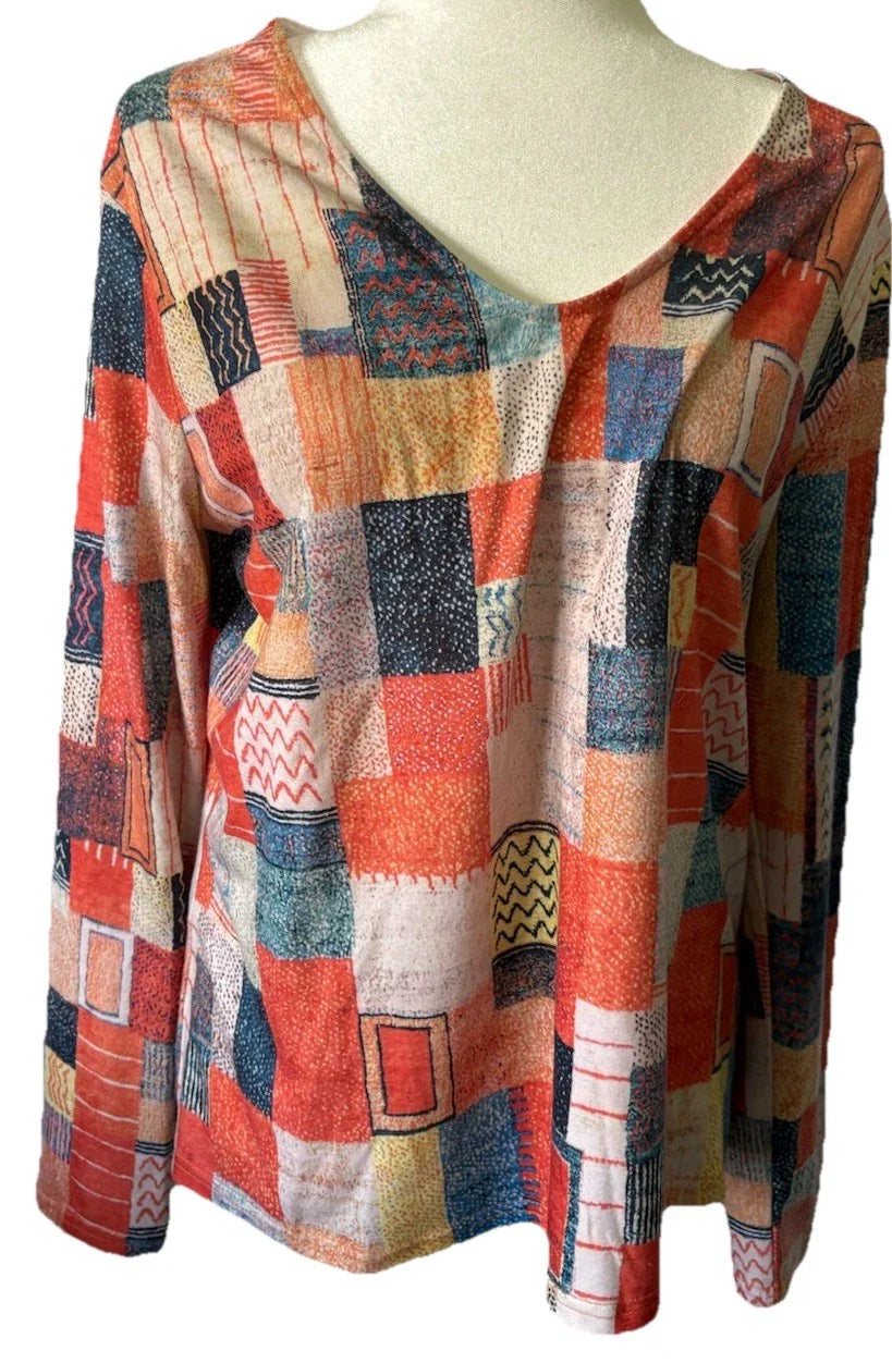 Artistic Patchwork Abstract Print Long Sleeve V-Neck Top Womens Large Geometric Unisex T-shirt, Sweatshirt, Hoodie, Long Sleeve Tee - T-Shirt, Sweatshirt, Hoodie