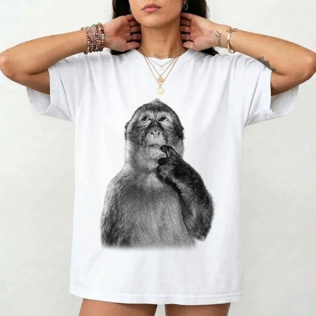 Funny Monkey Thinking Shirt Unisex Graphic Tee Cute Animal Shirt Minimalist top Unisex T-shirt, Sweatshirt, Hoodie, Long Sleeve Tee - T-Shirt, Sweatshirt, Hoodie