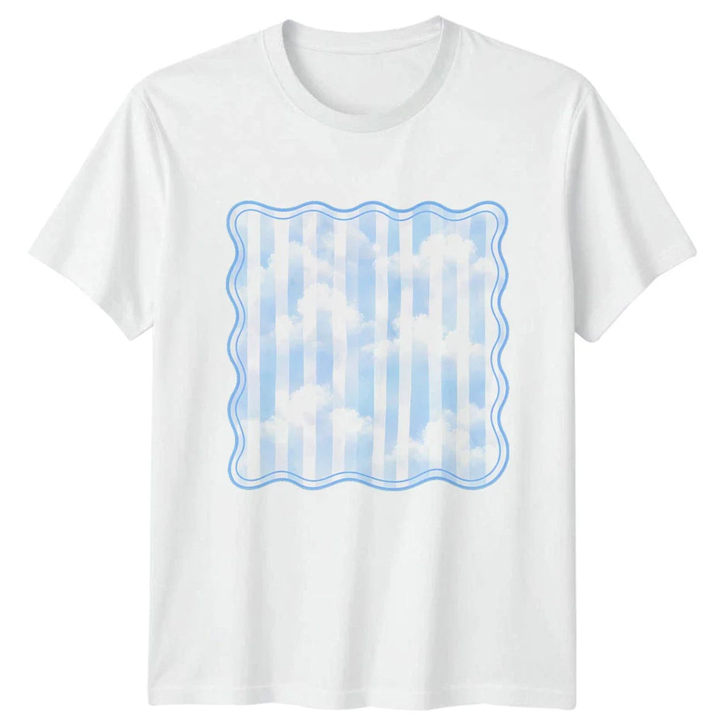 Blue White Clouds Striped Wavy T-Shirt Preppy Blue Clouds Aesthetic Summer Gift Unisex T-shirt, Sweatshirt, Hoodie, Long Sleeve Tee - T-Shirt, Sweatshirt, Hoodie