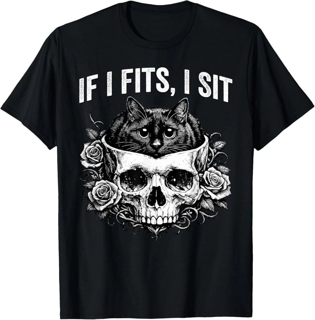 Gothic Black Cat Skull Minimalist Humor If I Fits I Sit T-Shirt Unisex T-shirt, Sweatshirt, Hoodie, Long Sleeve Tee - T-Shirt, Sweatshirt, Hoodie
