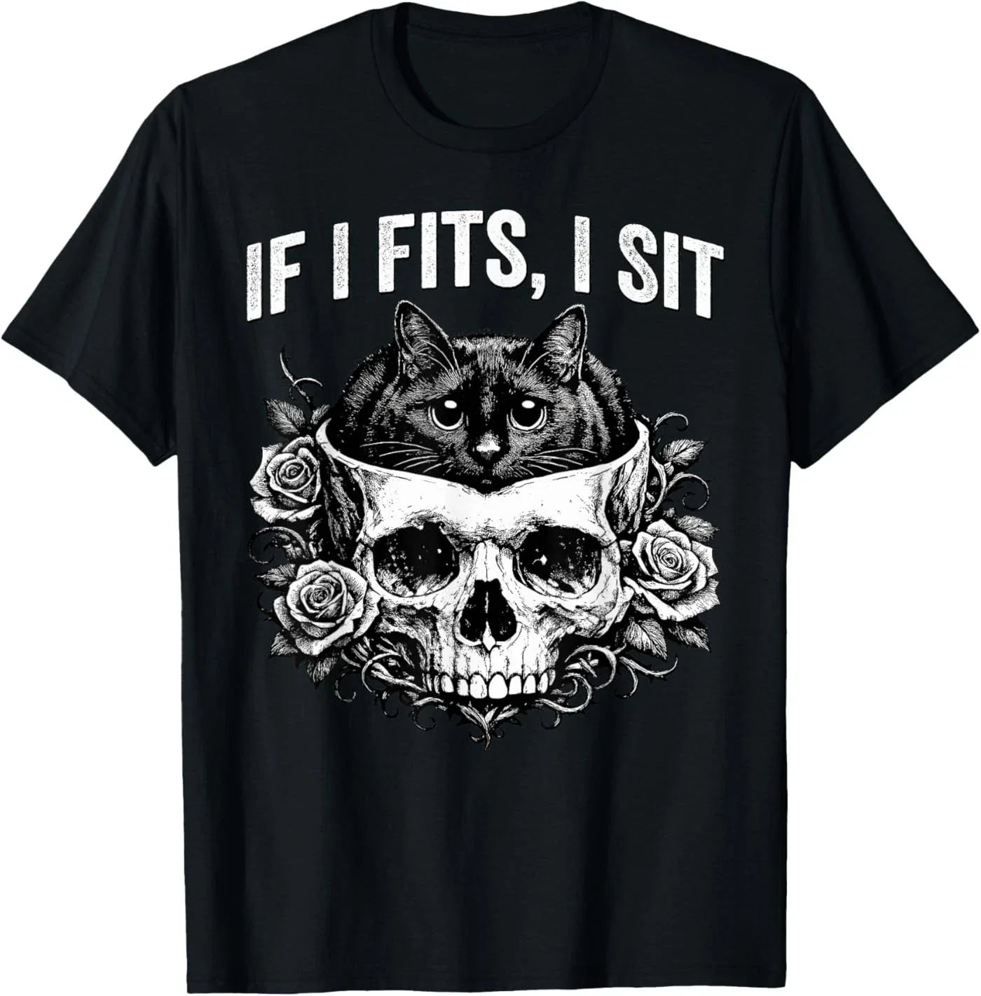 Gothic Black Cat Skull Minimalist Humor If I Fits I Sit T-Shirt Unisex T-shirt, Sweatshirt, Hoodie, Long Sleeve Tee - T-Shirt, Sweatshirt, Hoodie