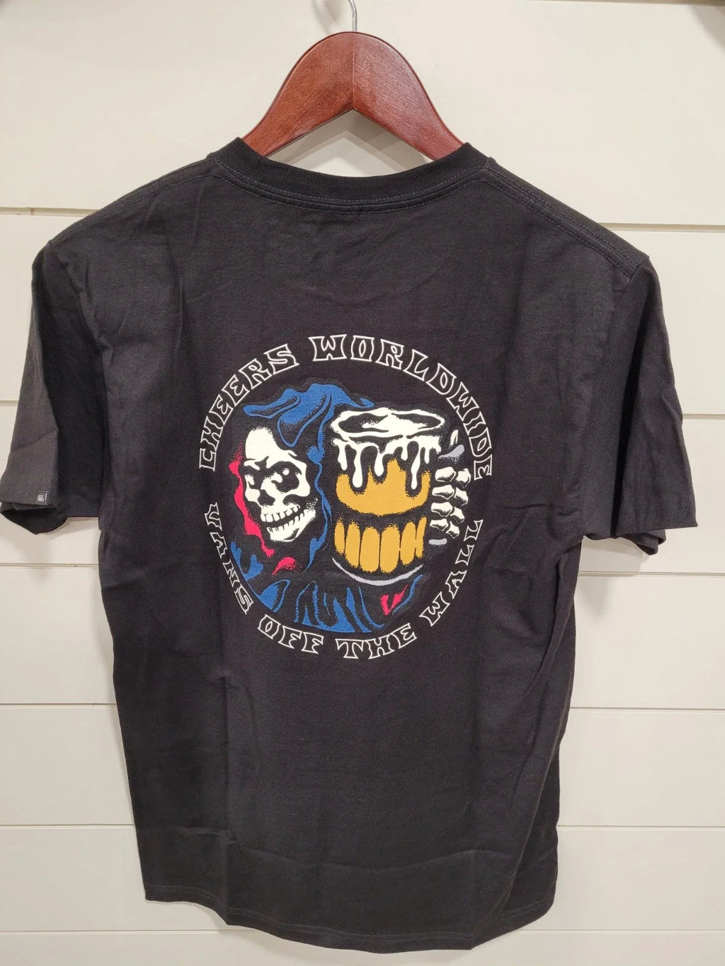 Vans Off The Wall Mens T Shirt With Skelton Holding Beer Black Unisex T-shirt, Sweatshirt, Hoodie, Long Sleeve Tee - T-Shirt, Sweatshirt, Hoodie