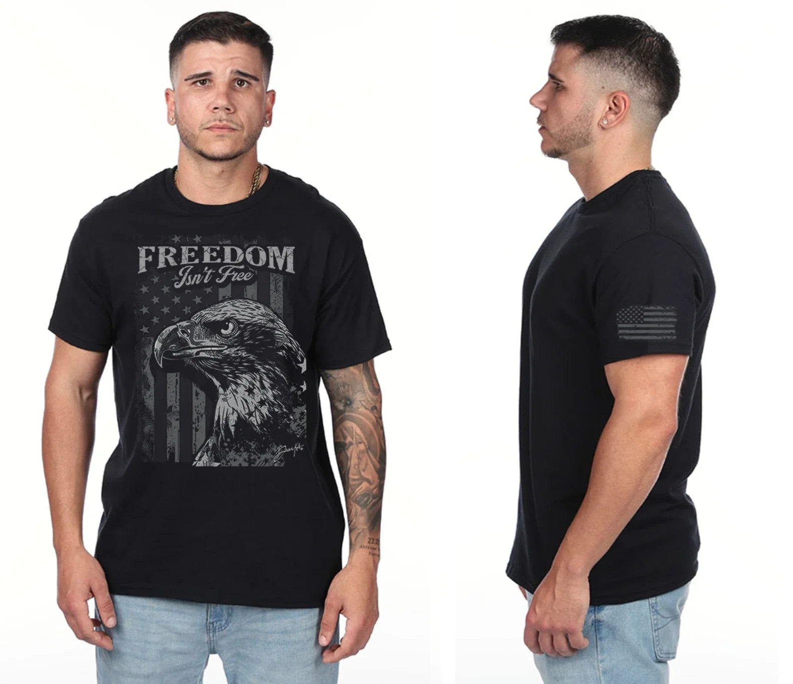 Military Patriotic Veterans Day T-shirt American Flag Sleeve Freedom Bald Eagle Unisex T-shirt, Sweatshirt, Hoodie, Long Sleeve Tee - T-Shirt, Sweatshirt, Hoodie