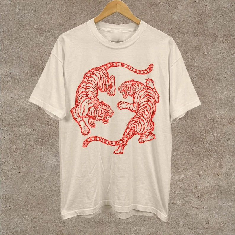 Japanese Fighting Tigers Tee Vintage Tattoo Art Graphic Shirt Retro Tiger Lover Unisex T-shirt, Sweatshirt, Hoodie, Long Sleeve Tee - T-Shirt, Sweatshirt, Hoodie