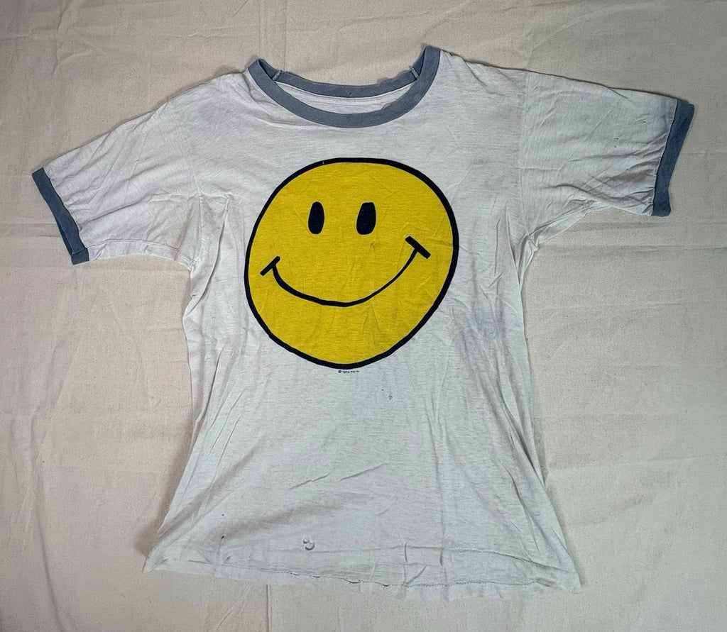 Vtg 1979s Pop Art Smiley Face Ringer T Shirt Rare Small Distressed Hippy B25 Unisex T-shirt, Sweatshirt, Hoodie, Long Sleeve Tee - T-Shirt, Sweatshirt, Hoodie