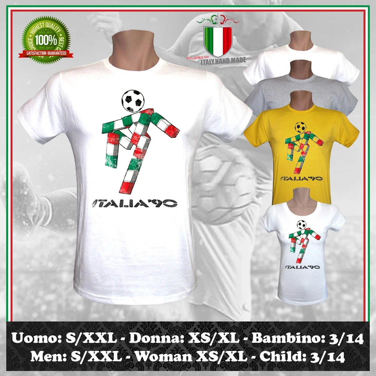 ITALY '90 VINTAGE FOOTBALL INSPIRED WORLD CUP FOOTBALL T-SHIRT MEN WOMEN CHILD Unisex T-shirt, Sweatshirt, Hoodie, Long Sleeve Tee - T-Shirt, Sweatshirt, Hoodie