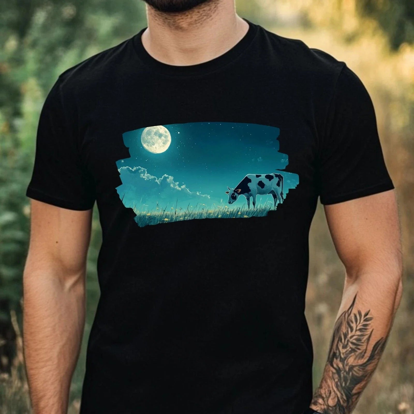 Mens Cow at Full Moon Motif Cotton T-Shirt Size XS to 5XL Unisex T-shirt, Sweatshirt, Hoodie, Long Sleeve Tee - T-Shirt, Sweatshirt, Hoodie