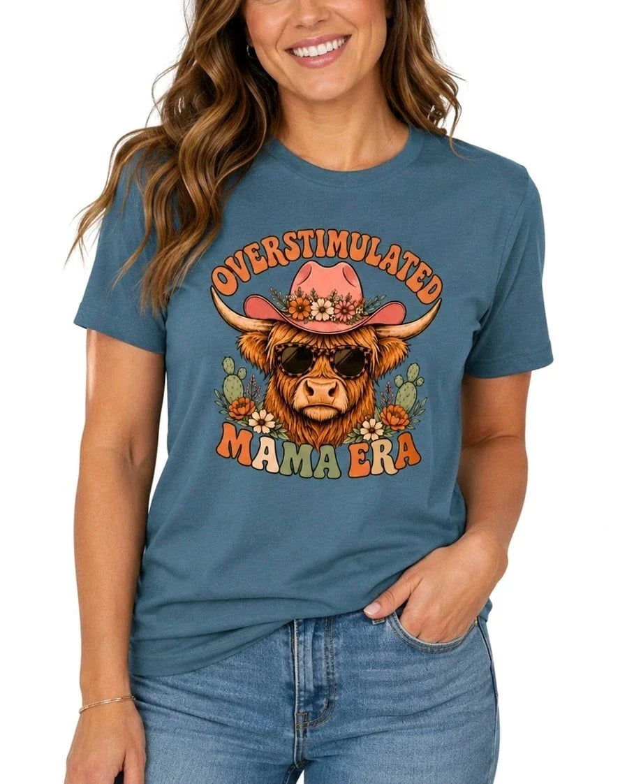 Overstimulated Mama Era Highland Cow Shirt, Western Mom Graphic Tee Unisex T-shirt, Sweatshirt, Hoodie, Long Sleeve Tee - T-Shirt, Sweatshirt, Hoodie