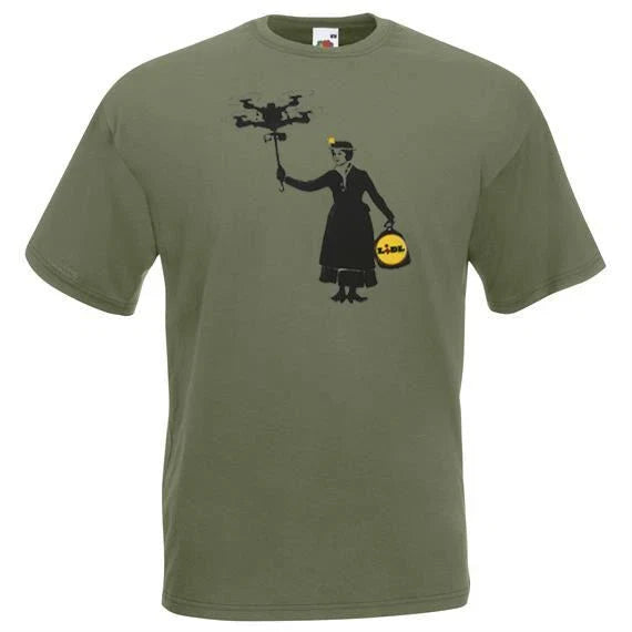 Adults Banksy Mary Poppins Drone Graffiti Street Art Unisex Olive T-Shirt Unisex T-shirt, Sweatshirt, Hoodie, Long Sleeve Tee - T-Shirt, Sweatshirt, Hoodie