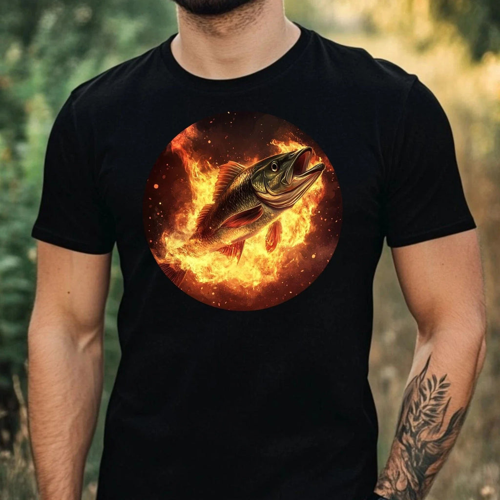 Mens Bass Fish On Fire Motif Cotton T-Shirt Size XS to 5XL Unisex T-shirt, Sweatshirt, Hoodie, Long Sleeve Tee - T-Shirt, Sweatshirt, Hoodie