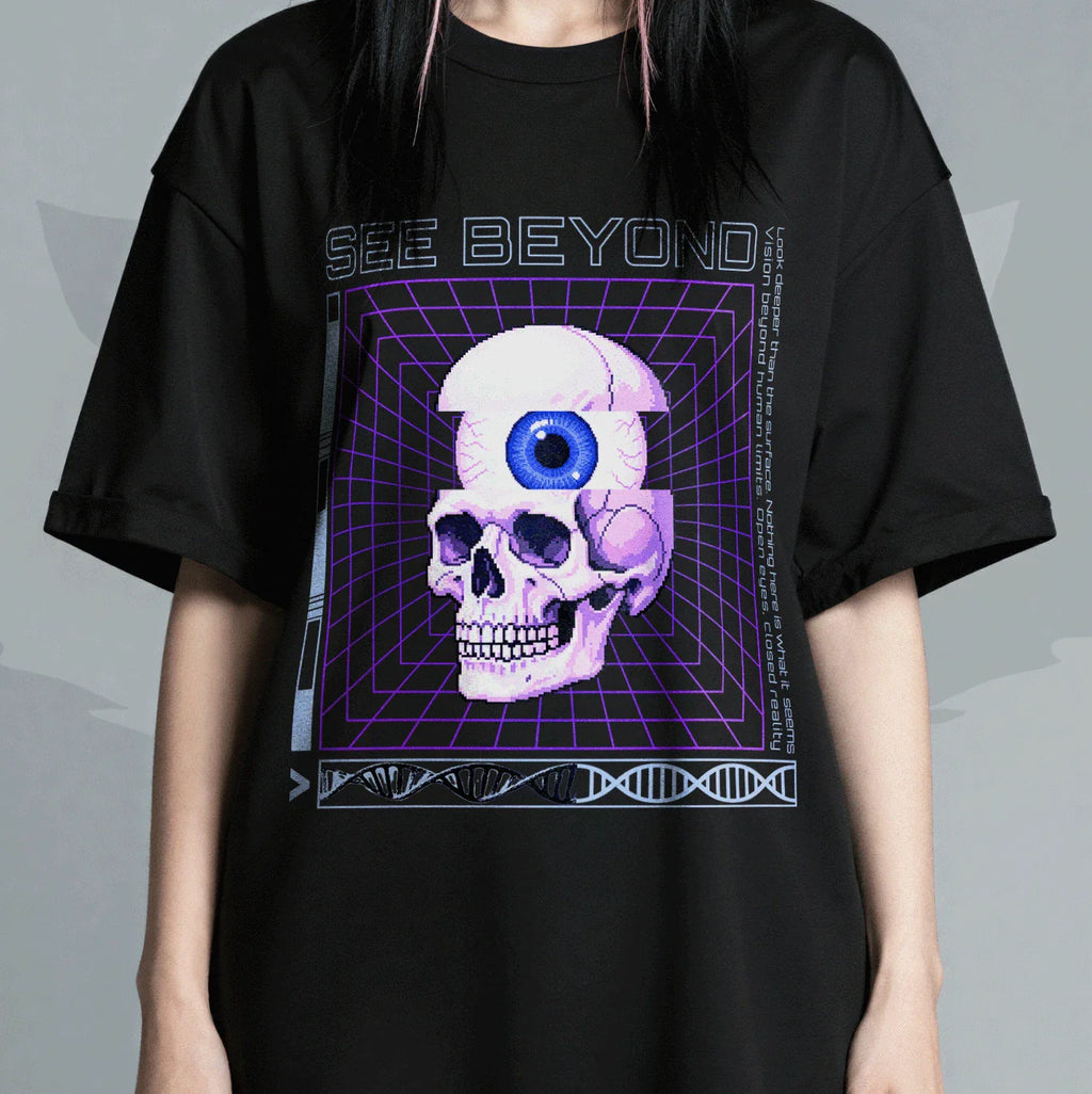 Vaporwave Skull See Beyond Eye T-Shirt Retro Aesthetic Streetwear Graphic Unisex T-shirt, Sweatshirt, Hoodie, Long Sleeve Tee - T-Shirt, Sweatshirt, Hoodie