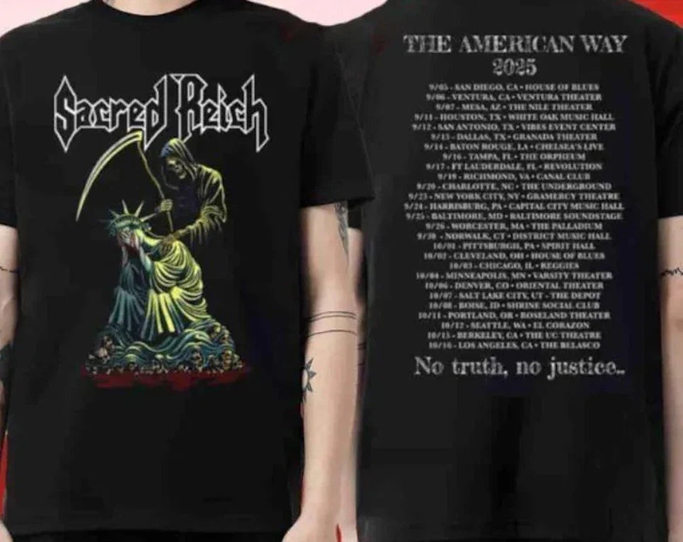 Sacred Reich The American Way 2025 Tour Dates List 2025 t-shirt Unisex T-shirt, Sweatshirt, Hoodie, Long Sleeve Tee - T-Shirt, Sweatshirt, Hoodie