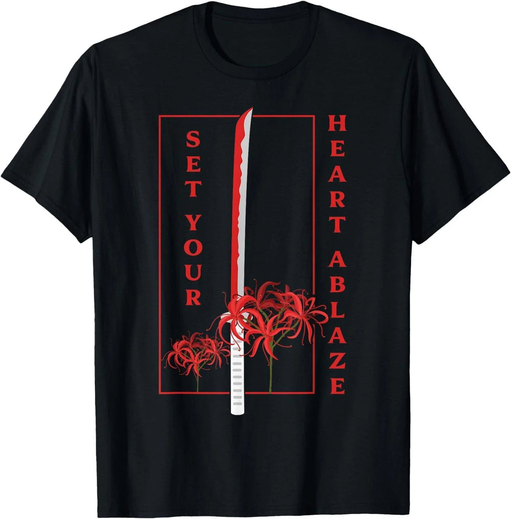 Katana Set Your Heart Ablaze Japanese Anime Aesthetic Flower T-Shirt Unisex T-shirt, Sweatshirt, Hoodie, Long Sleeve Tee - T-Shirt, Sweatshirt, Hoodie
