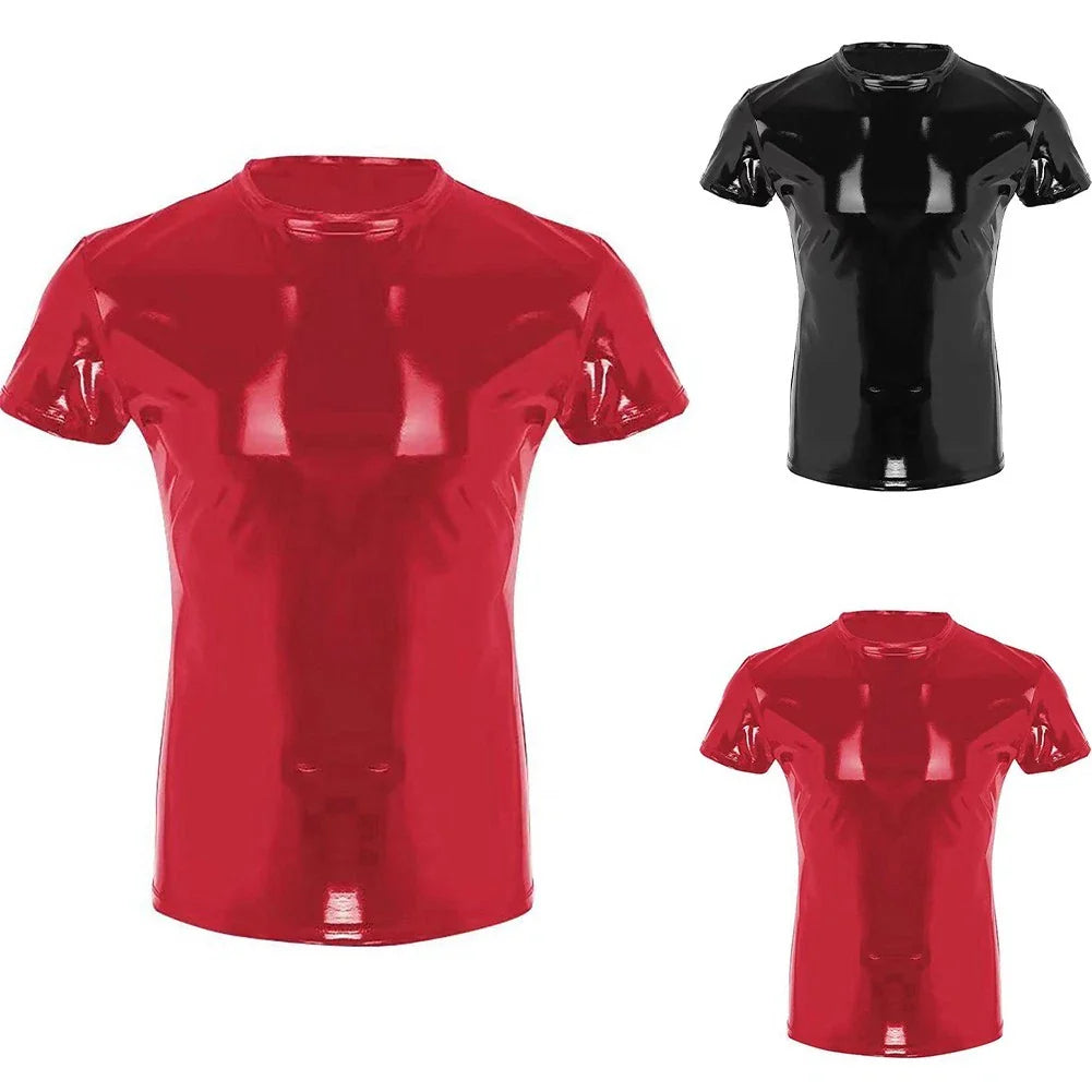 Trendy Clubwear Men's Faux Leather Short Sleeve Top in Wet Look PVC Material Unisex T-shirt, Sweatshirt, Hoodie, Long Sleeve Tee - T-Shirt, Sweatshirt, Hoodie
