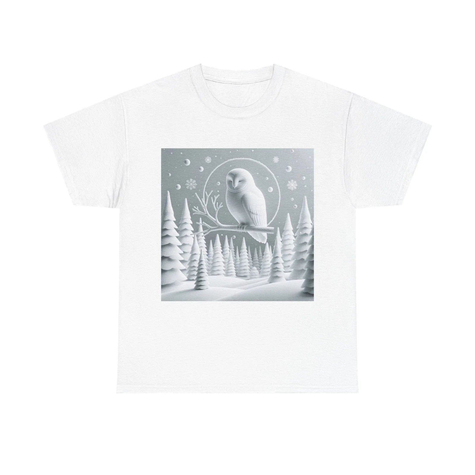 Unisex Adult T Shirt Minimalist Owl in Snowy Pine Forest Unisex T-shirt, Sweatshirt, Hoodie, Long Sleeve Tee - T-Shirt, Sweatshirt, Hoodie