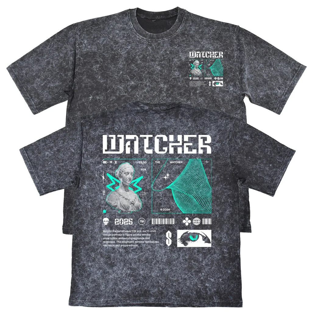 Watcher Unisex Mens Carbon Grey 240gsm French Terry Acid Wash T-Shirt Y2K Unisex T-shirt, Sweatshirt, Hoodie, Long Sleeve Tee - T-Shirt, Sweatshirt, Hoodie
