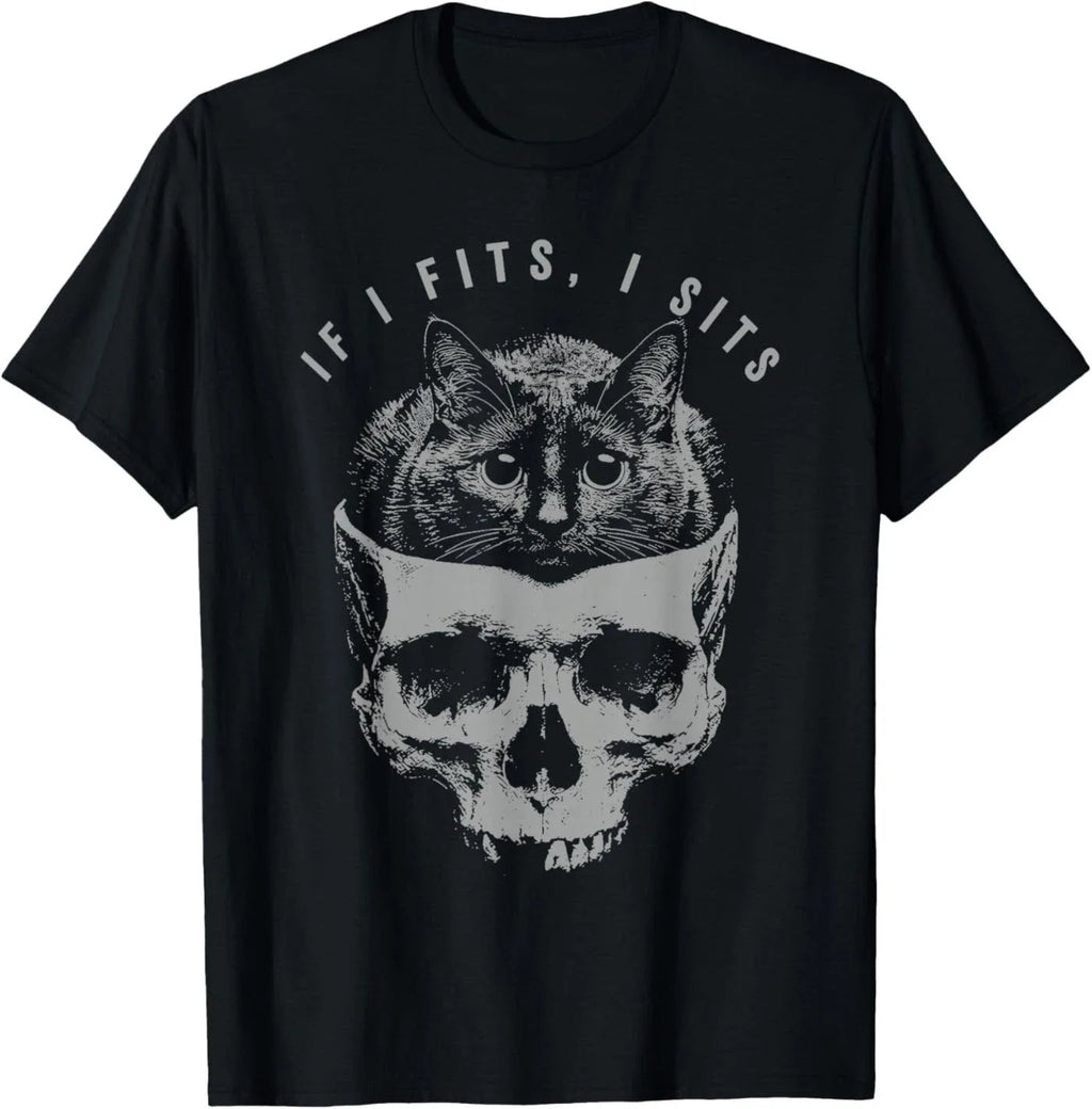 If It Fits I Sit Black Cat Skull Minimalist Meme Humor T-Shirt Unisex T-shirt, Sweatshirt, Hoodie, Long Sleeve Tee - T-Shirt, Sweatshirt, Hoodie