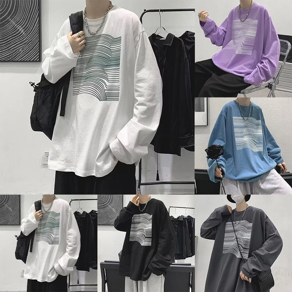 Casual Men's Long Sleeve T Shirt Pullover with Creative Lines Print Loose Style Unisex T-shirt, Sweatshirt, Hoodie, Long Sleeve Tee - T-Shirt, Sweatshirt, Hoodie