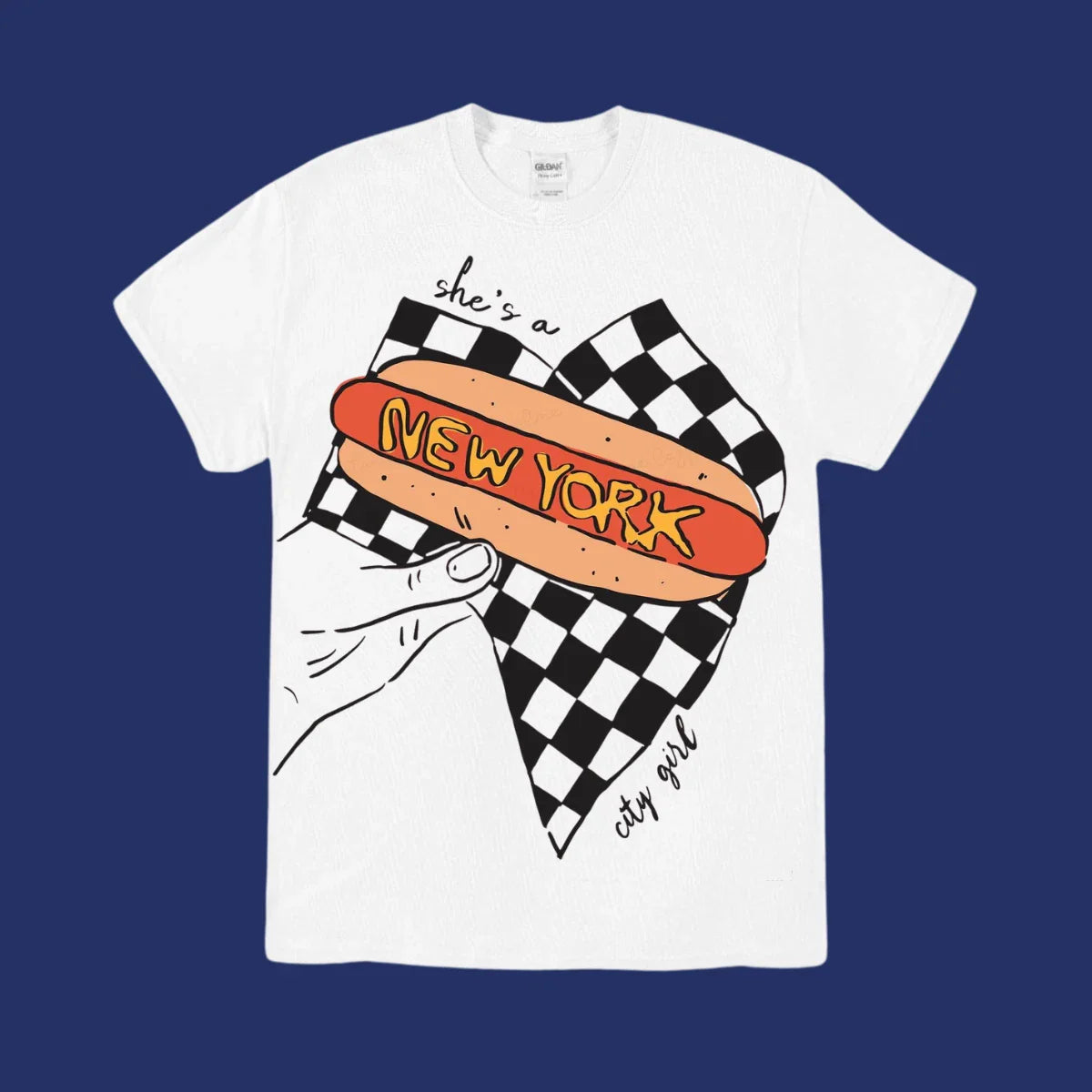 Shes A New York City Girl T-Shirt Hot Dog White Graphic Tee NY Street Style Wome Unisex T-shirt, Sweatshirt, Hoodie, Long Sleeve Tee - T-Shirt, Sweatshirt, Hoodie