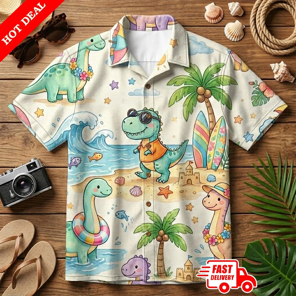 Cute Dinosaur Aloha Shirt Mens Tropical Beach Palm Trees Short Sleeve Button Up Unisex T-shirt, Sweatshirt, Hoodie, Long Sleeve Tee - T-Shirt, Sweatshirt, Hoodie