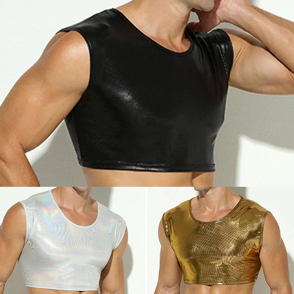Mens Sleeveless Wet Look Shiny Faux Leather Crew Neck Crop Tops Blouse Tee Tops Unisex T-shirt, Sweatshirt, Hoodie, Long Sleeve Tee - T-Shirt, Sweatshirt, Hoodie