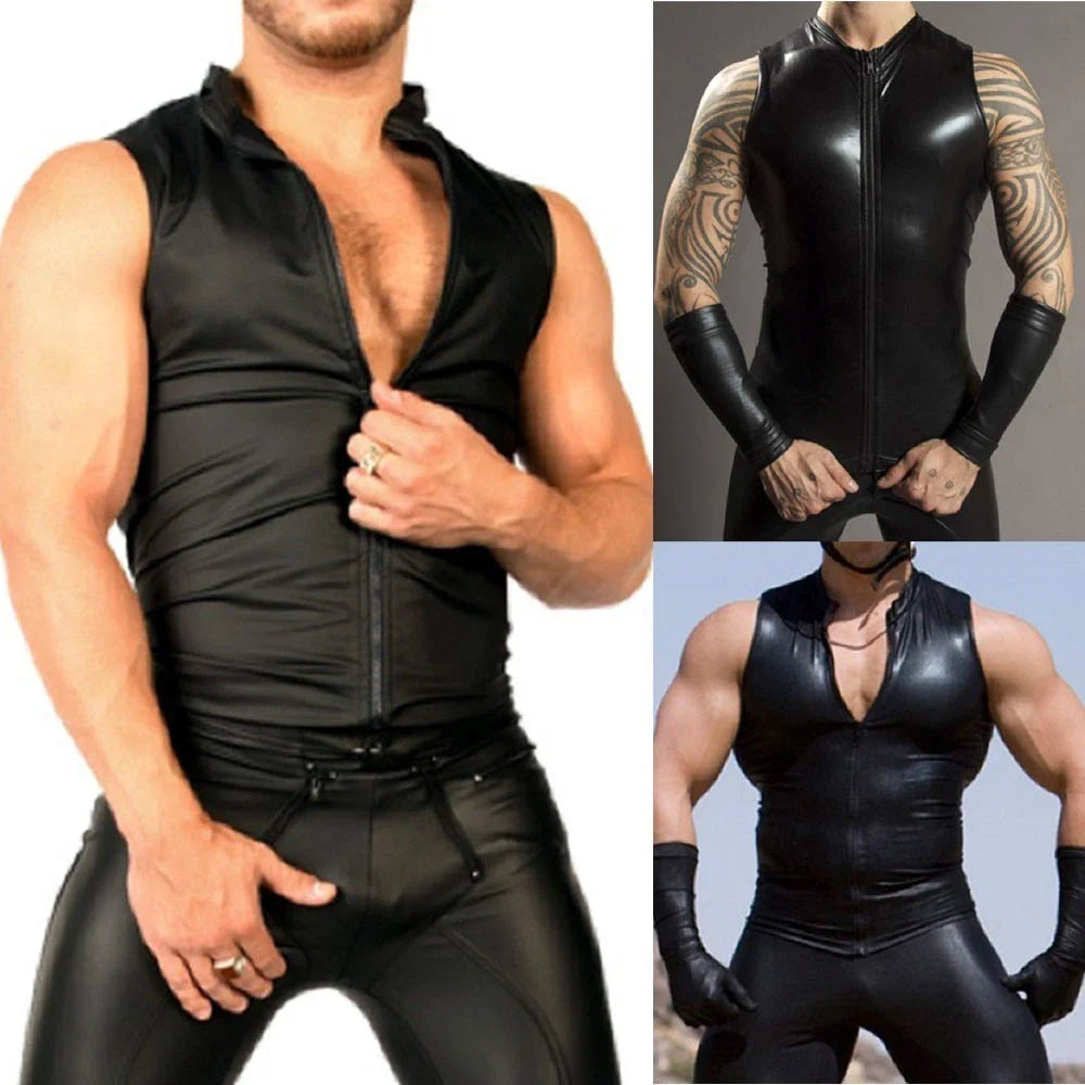 Men's Trendy Shiny PU Leather Sleeveless Zip T shirt for Parties and Clubs Unisex T-shirt, Sweatshirt, Hoodie, Long Sleeve Tee - T-Shirt, Sweatshirt, Hoodie