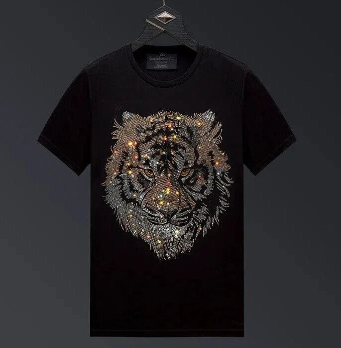 New Men Luxury Tiger Rhinestones Fashion Black White T-Shirt High Quality Unisex T-shirt, Sweatshirt, Hoodie, Long Sleeve Tee - T-Shirt, Sweatshirt, Hoodie