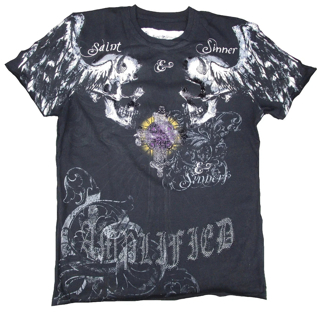 Cool Amplified Saint & Sinner Holy Skull Rhinestone Skirt Star Designer Black Unisex T-shirt, Sweatshirt, Hoodie, Long Sleeve Tee - T-Shirt, Sweatshirt, Hoodie