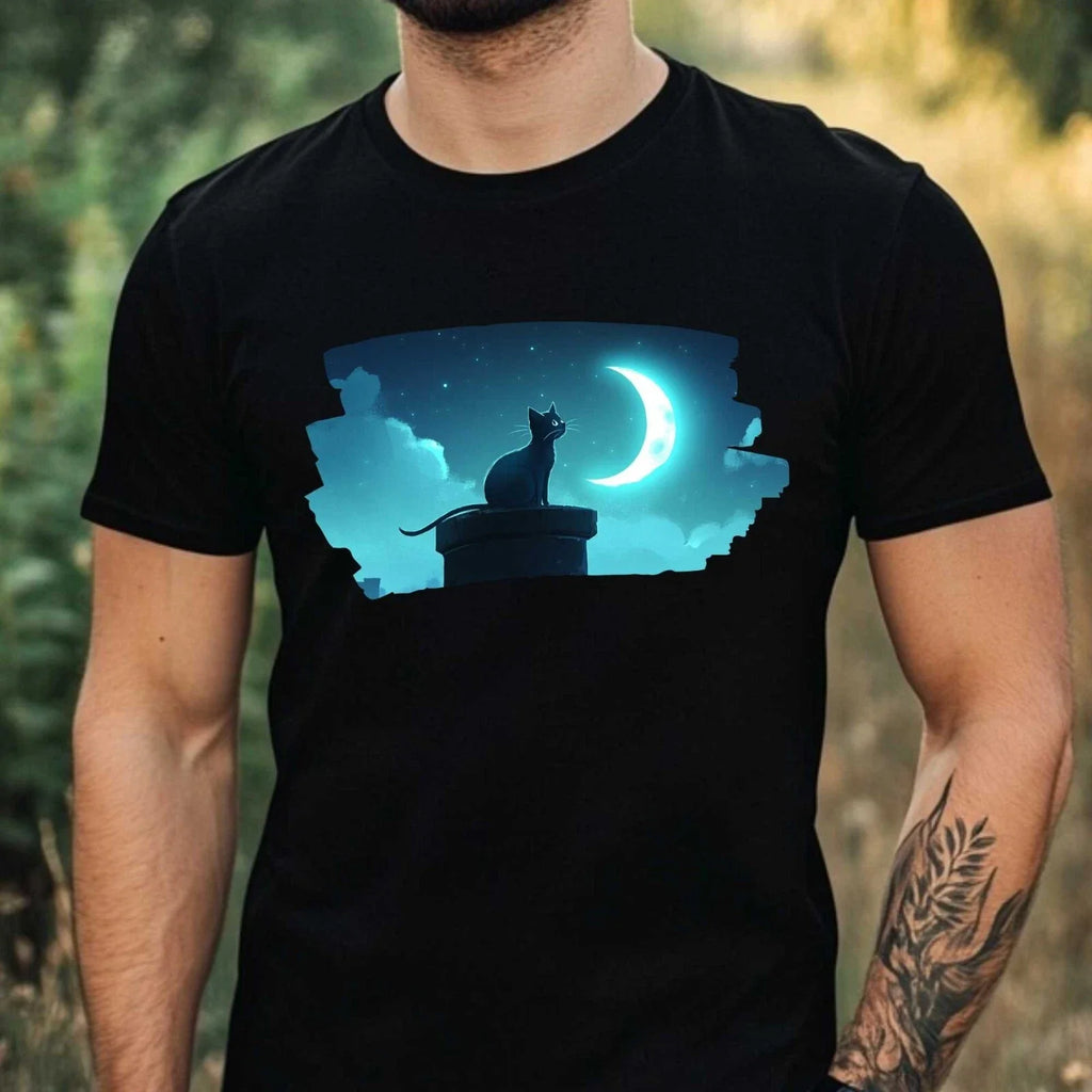 Mens Cat and Moon Print Cotton T-Shirt Size XS to 5XL Unisex T-shirt, Sweatshirt, Hoodie, Long Sleeve Tee - T-Shirt, Sweatshirt, Hoodie