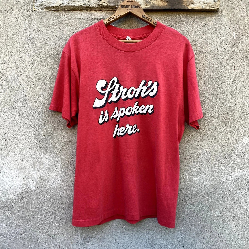 Vintage Stroh's Is Spoken Here Beer Promo Thin & Soft T Shirt 80s Red Fits Large Unisex T-shirt, Sweatshirt, Hoodie, Long Sleeve Tee - T-Shirt, Sweatshirt, Hoodie