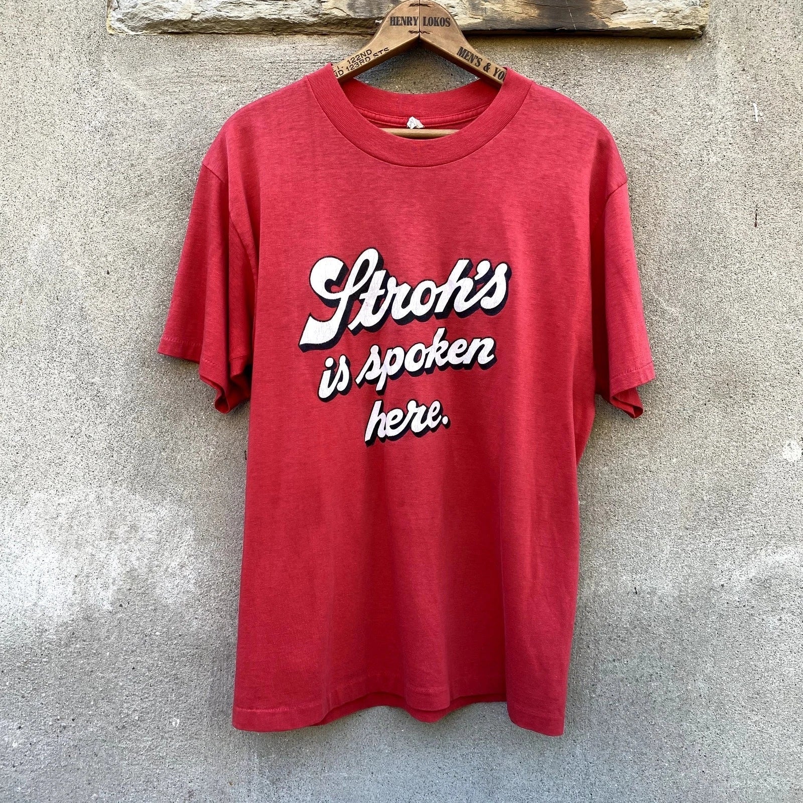 Vintage Stroh's Is Spoken Here Beer Promo Thin & Soft T Shirt 80s Red Fits Large Unisex T-shirt, Sweatshirt, Hoodie, Long Sleeve Tee - T-Shirt, Sweatshirt, Hoodie