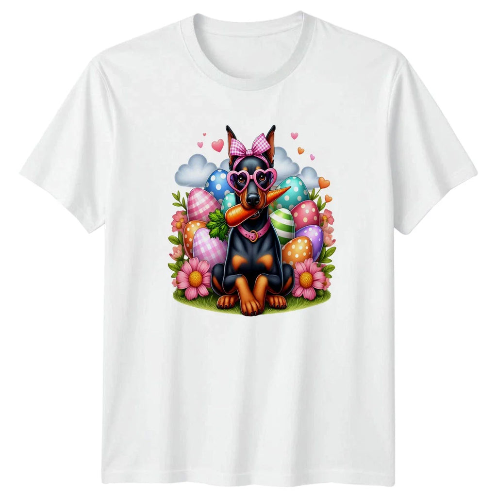 Cute Doberman Dog Wearing Pink Glasses Womens T-Shirt Doberman Pinscher Easter Unisex T-shirt, Sweatshirt, Hoodie, Long Sleeve Tee - T-Shirt, Sweatshirt, Hoodie