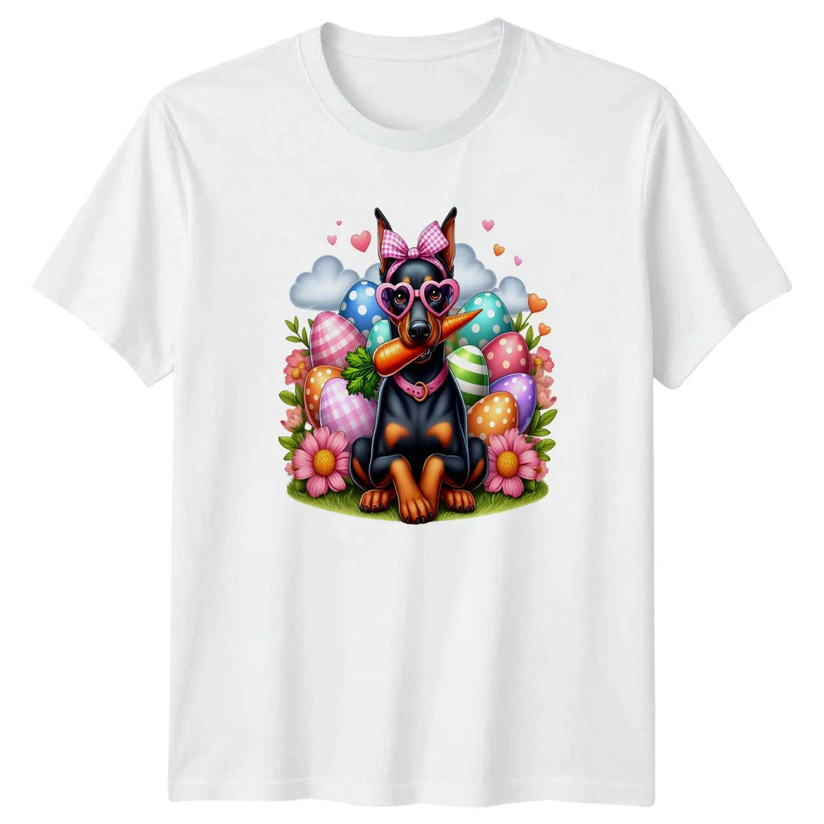 Cute Doberman Dog Wearing Pink Glasses Womens T-Shirt Doberman Pinscher Easter Unisex T-shirt, Sweatshirt, Hoodie, Long Sleeve Tee - T-Shirt, Sweatshirt, Hoodie