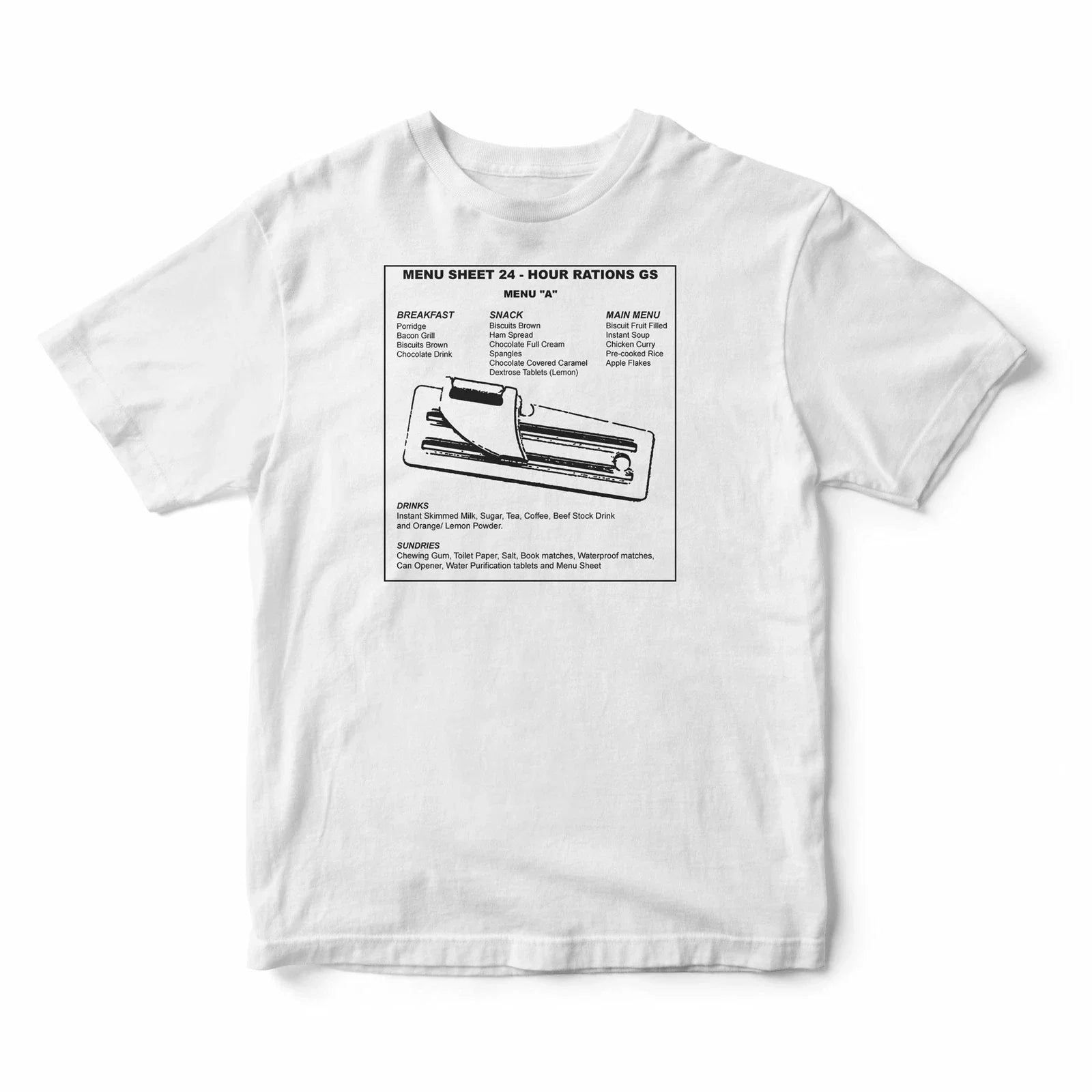 1984 British Armed Forces 24 Hour Ration Pack GS Menu A & Tin Opener Art T-shirt Unisex T-shirt, Sweatshirt, Hoodie, Long Sleeve Tee - T-Shirt, Sweatshirt, Hoodie