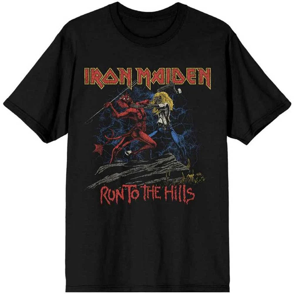 Men's Iron Maiden Number of the Beast Run To The Hills Distress Slim Fit Unisex T-shirt, Sweatshirt, Hoodie, Long Sleeve Tee - T-Shirt, Sweatshirt, Hoodie