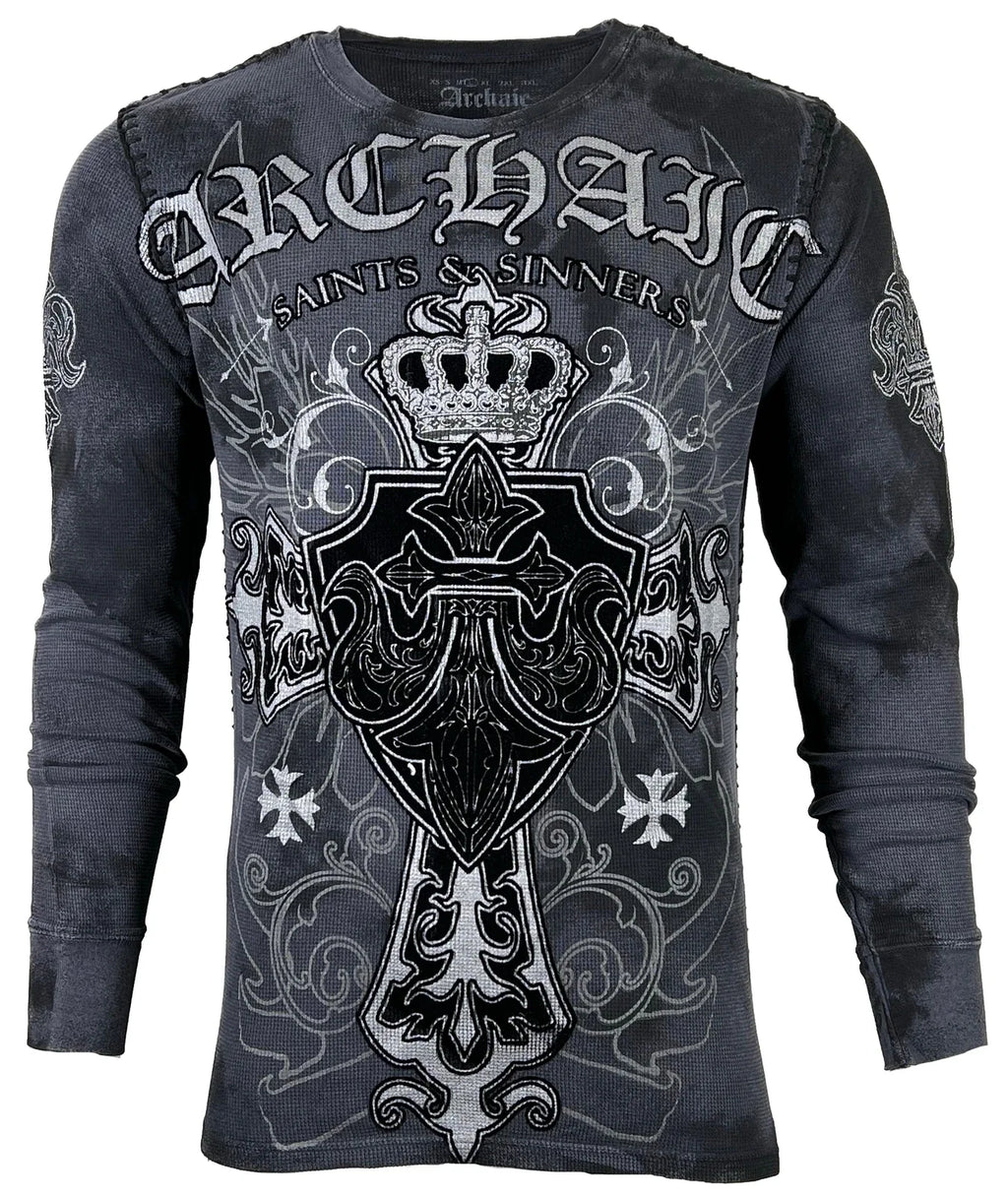 Archaic Affliction Men's Thermal shirt SINESTRO Biker Tattoo Cross Charcoal Unisex T-shirt, Sweatshirt, Hoodie, Long Sleeve Tee - T-Shirt, Sweatshirt, Hoodie