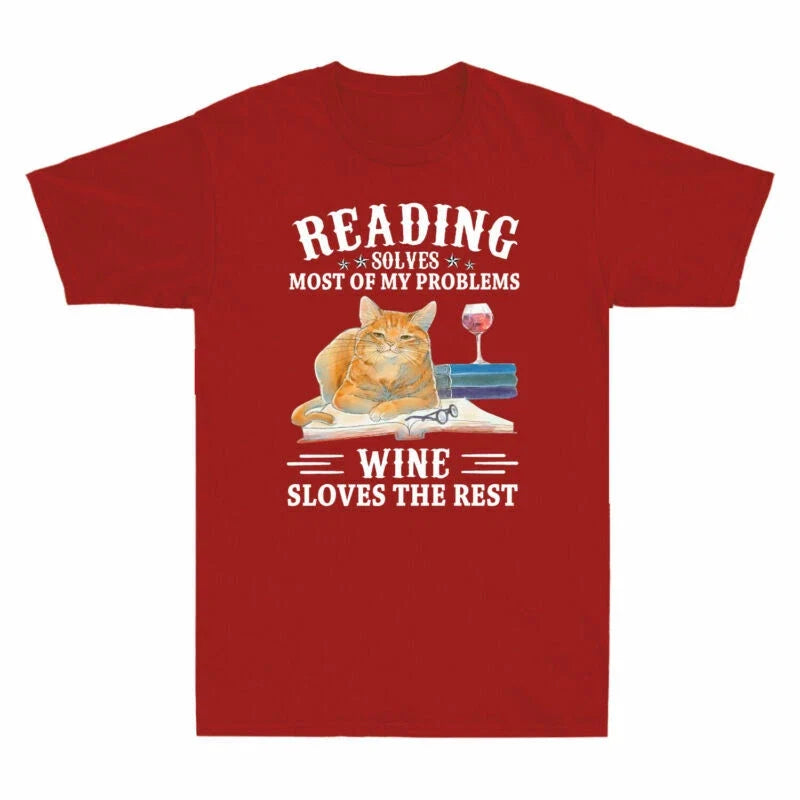 Cat Reading Solves Most Of My Problems Wine Solves The Rest Retro Men's T Shirt Unisex T-shirt, Sweatshirt, Hoodie, Long Sleeve Tee - T-Shirt, Sweatshirt, Hoodie