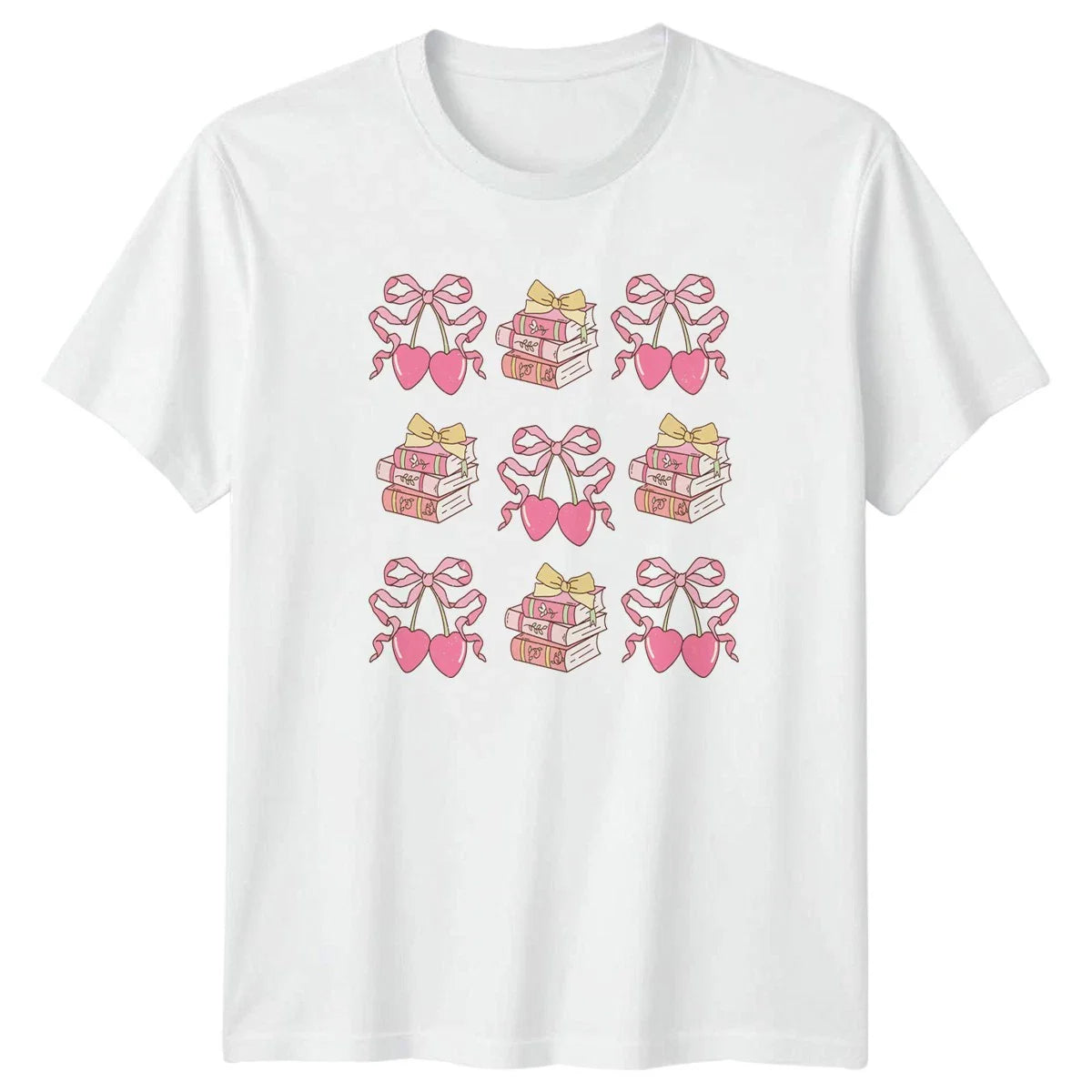 Pastel Books Heart Cherries Womens T-Shirt Coquette Reading Aesthetic Unisex T-shirt, Sweatshirt, Hoodie, Long Sleeve Tee - T-Shirt, Sweatshirt, Hoodie