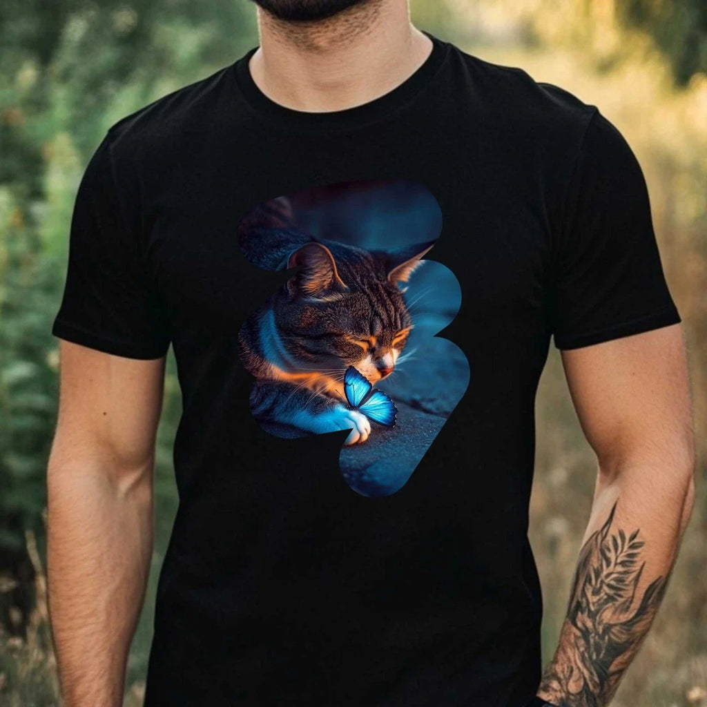 Mens Cat and Butterfly Print Cotton T-Shirt Size XS to 5XL Unisex T-shirt, Sweatshirt, Hoodie, Long Sleeve Tee - T-Shirt, Sweatshirt, Hoodie