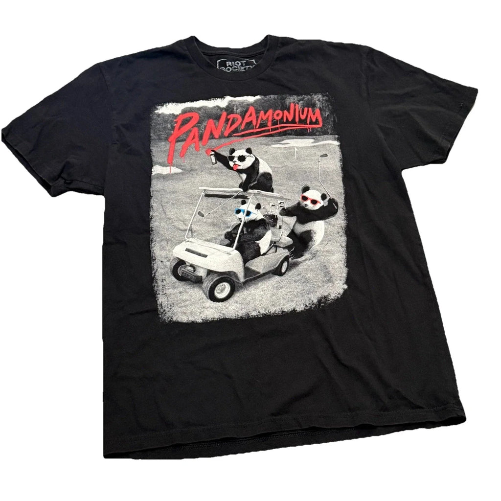 Riot Society Pandamonium T Shirt Black Panda Golfing Car Beer Tee Adults Sz LG Unisex T-shirt, Sweatshirt, Hoodie, Long Sleeve Tee - T-Shirt, Sweatshirt, Hoodie