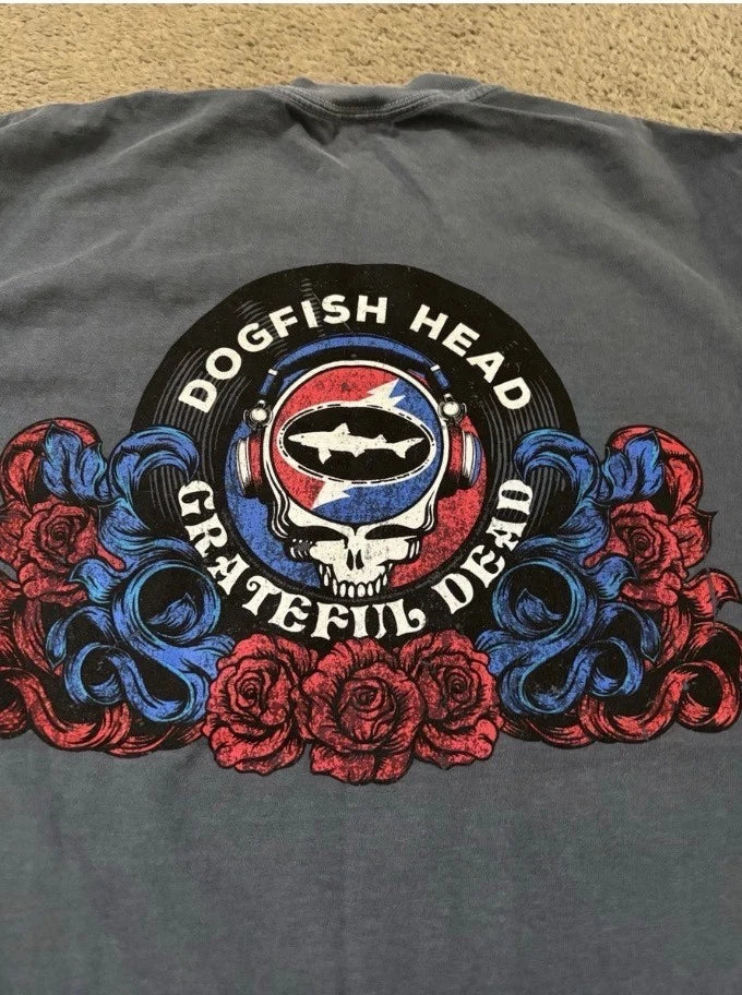 Dogfish Head Brewery x Grateful Dead T-Shirt Mens Medium Gray Stealie with Roses Unisex T-shirt, Sweatshirt, Hoodie, Long Sleeve Tee - T-Shirt, Sweatshirt, Hoodie
