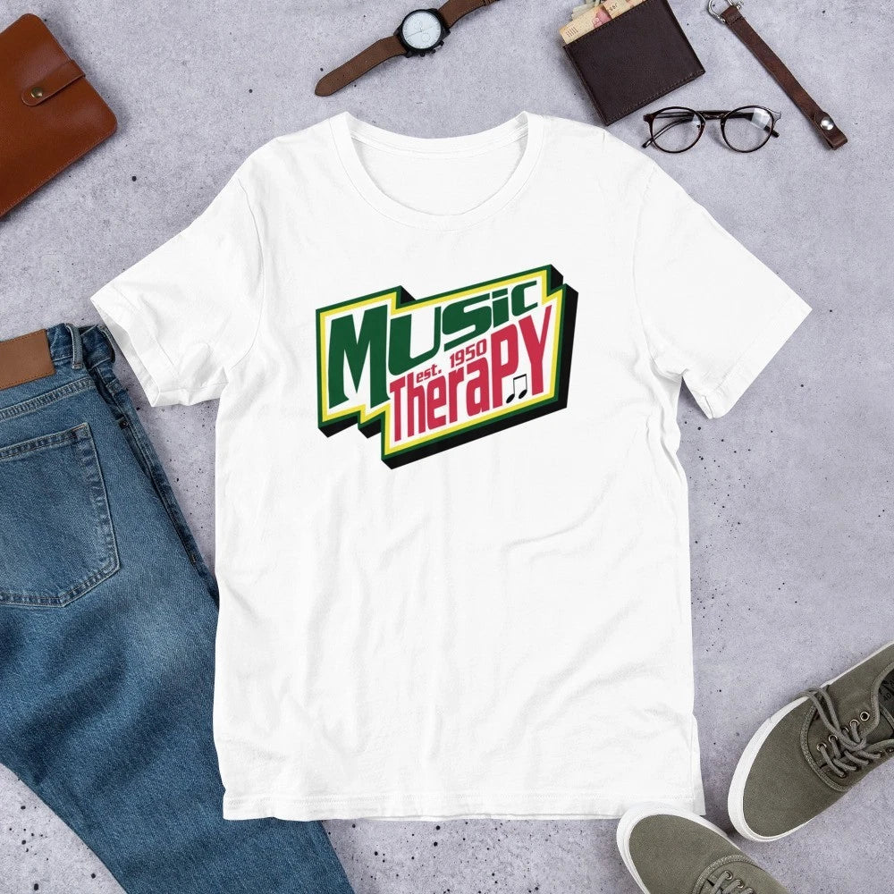 Music Therapy Dew Shirt | Funny Soda Logo Parody Unisex Tee Unisex T-shirt, Sweatshirt, Hoodie, Long Sleeve Tee - T-Shirt, Sweatshirt, Hoodie