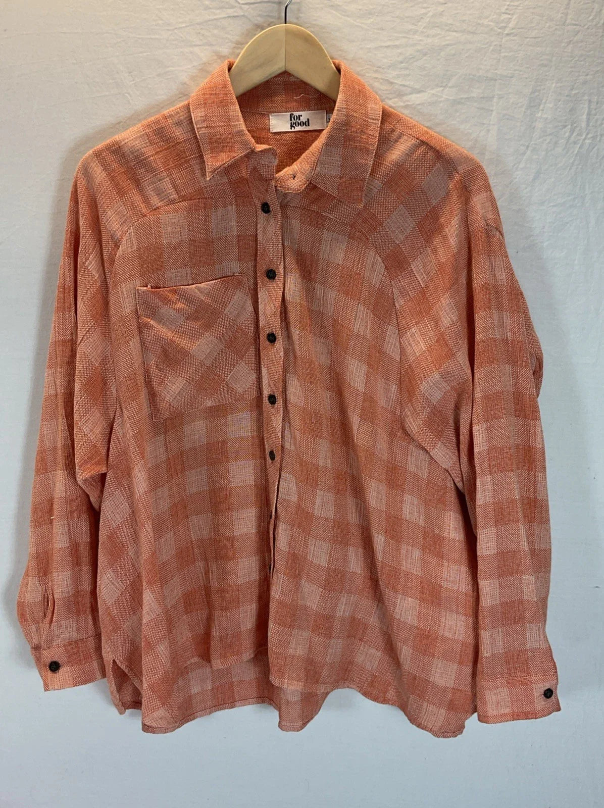 For Good women LG button oversized lagenlook long sleeve shirt orange plaid Unisex T-shirt, Sweatshirt, Hoodie, Long Sleeve Tee - T-Shirt, Sweatshirt, Hoodie