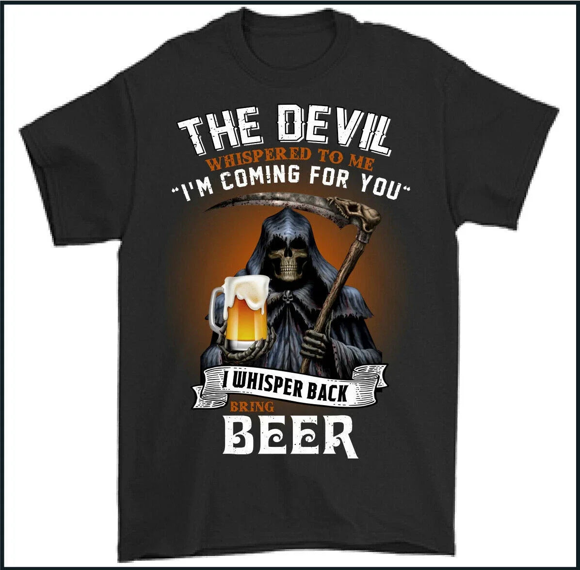 BEER T-SHIRT Skull Devil Larger Alcohol Biker Motorbike Grim Reaper Motorcycle Unisex T-shirt, Sweatshirt, Hoodie, Long Sleeve Tee - T-Shirt, Sweatshirt, Hoodie