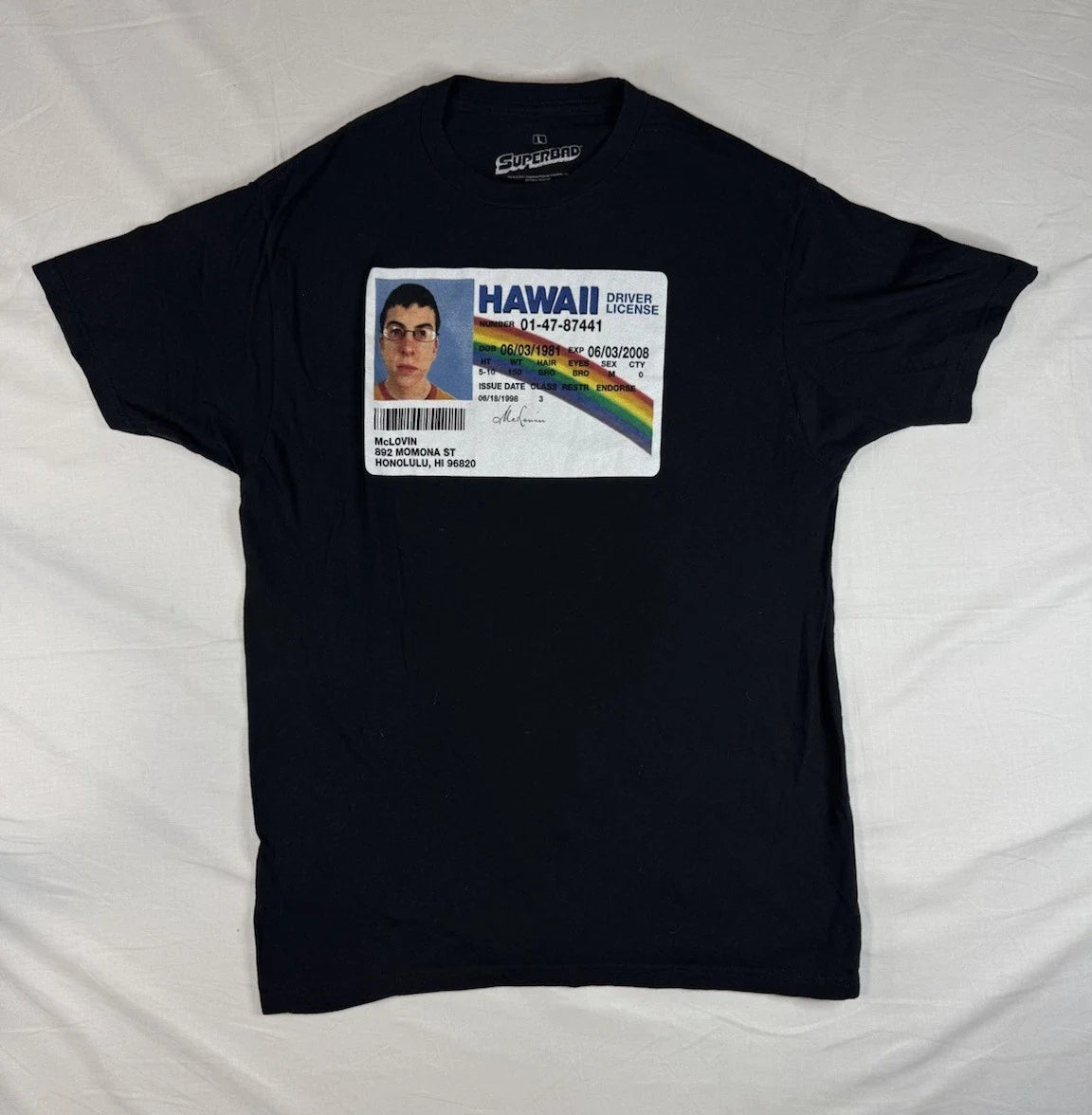Superbad Shirt Men's Large Black McLovin Hawaii License Graphic Tee Short Sleeve Unisex T-shirt, Sweatshirt, Hoodie, Long Sleeve Tee - T-Shirt, Sweatshirt, Hoodie