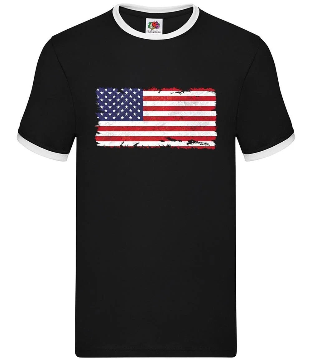 USA Flag Grunge Mens 100% Cotton Crew Neck Ringer T-Shirt Unisex T-shirt, Sweatshirt, Hoodie, Long Sleeve Tee - T-Shirt, Sweatshirt, Hoodie