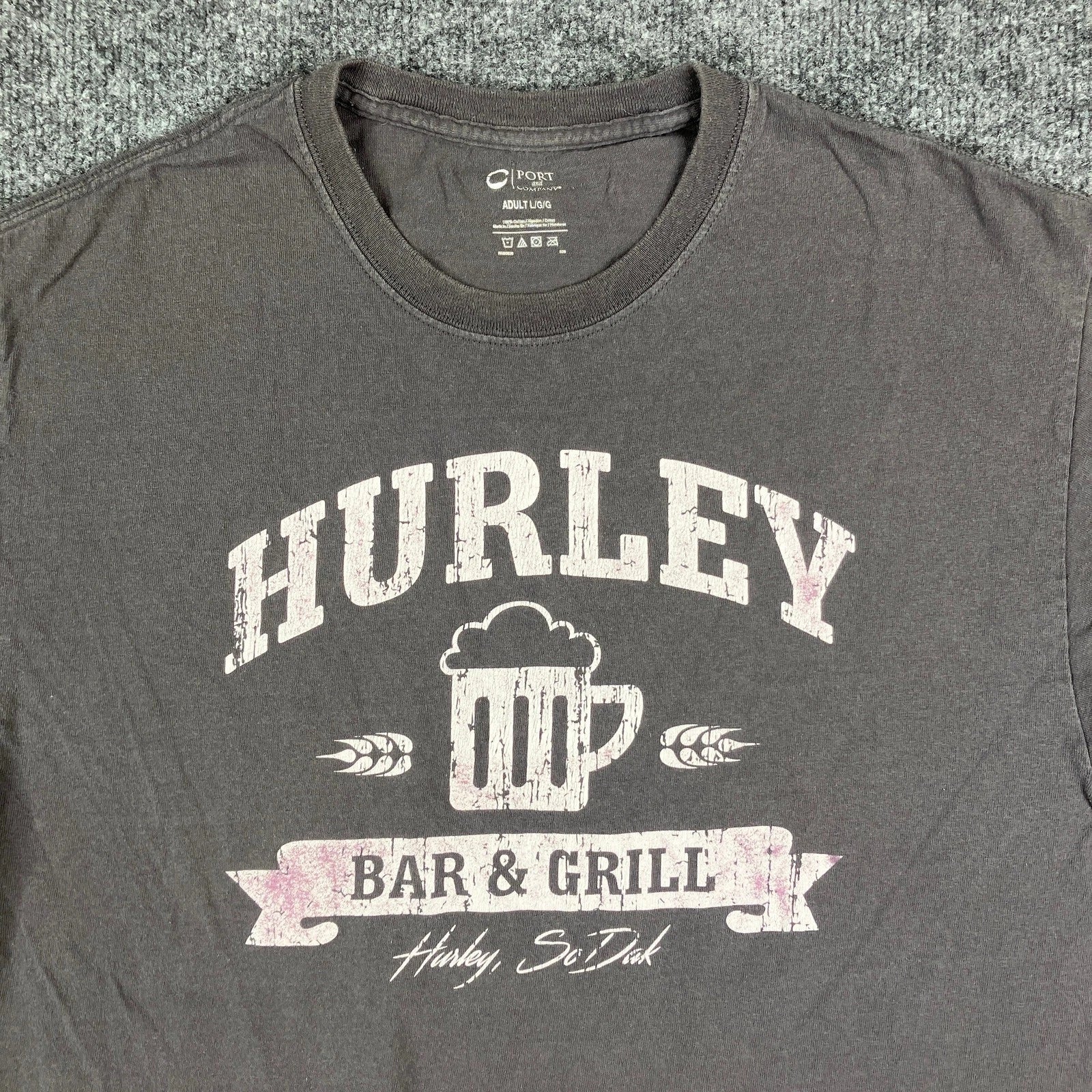 Port & Company T-Shirt Mens Size L Gray Hurley Bar Grill Beer Graphic Crewneck Unisex T-shirt, Sweatshirt, Hoodie, Long Sleeve Tee - T-Shirt, Sweatshirt, Hoodie