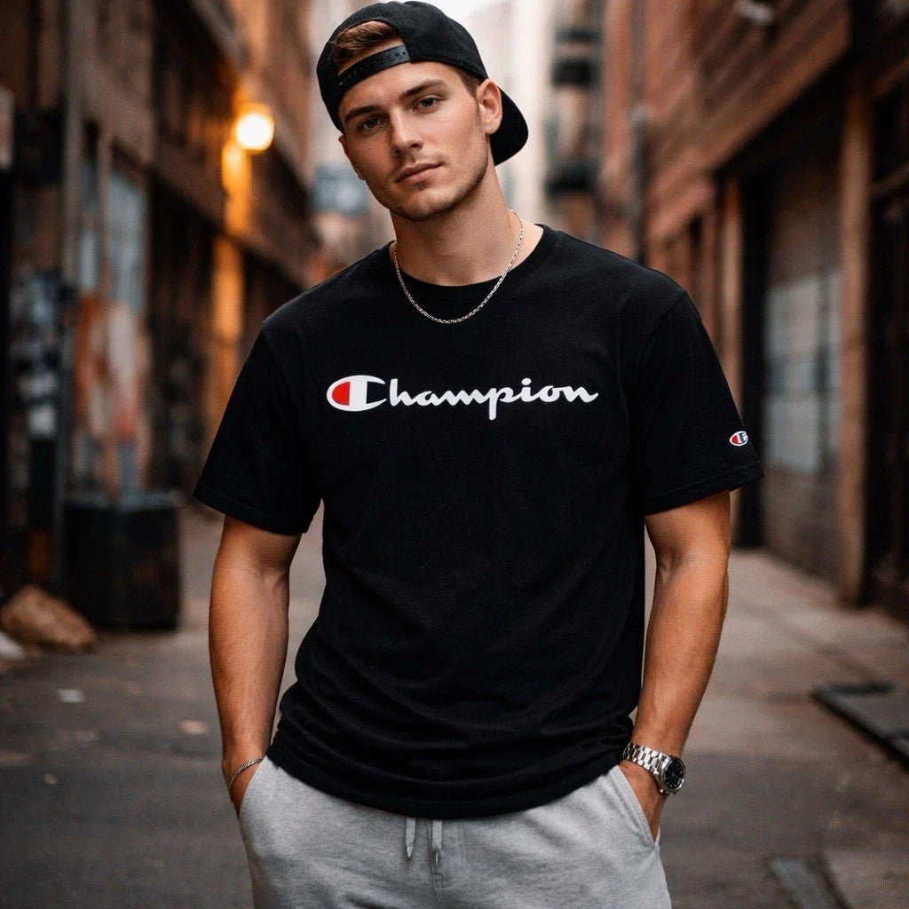 Champion Short Sleeve T-Shirt Velour Spellout Logo Men Medium Black Trendy Crew Unisex T-shirt, Sweatshirt, Hoodie, Long Sleeve Tee - T-Shirt, Sweatshirt, Hoodie