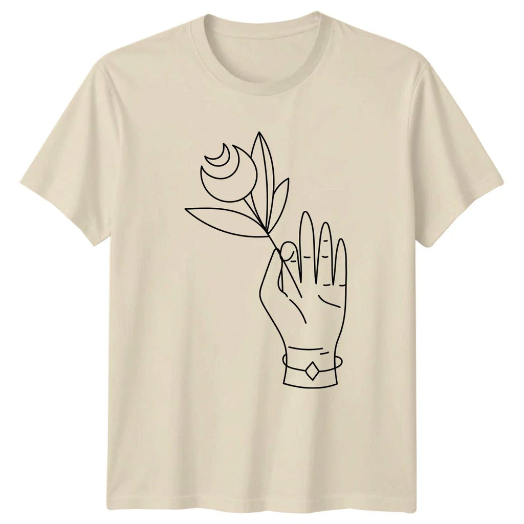 Hand Holding Celestial Flower Design Womens T-Shirt Minimalist Botanical Floral Unisex T-shirt, Sweatshirt, Hoodie, Long Sleeve Tee - T-Shirt, Sweatshirt, Hoodie